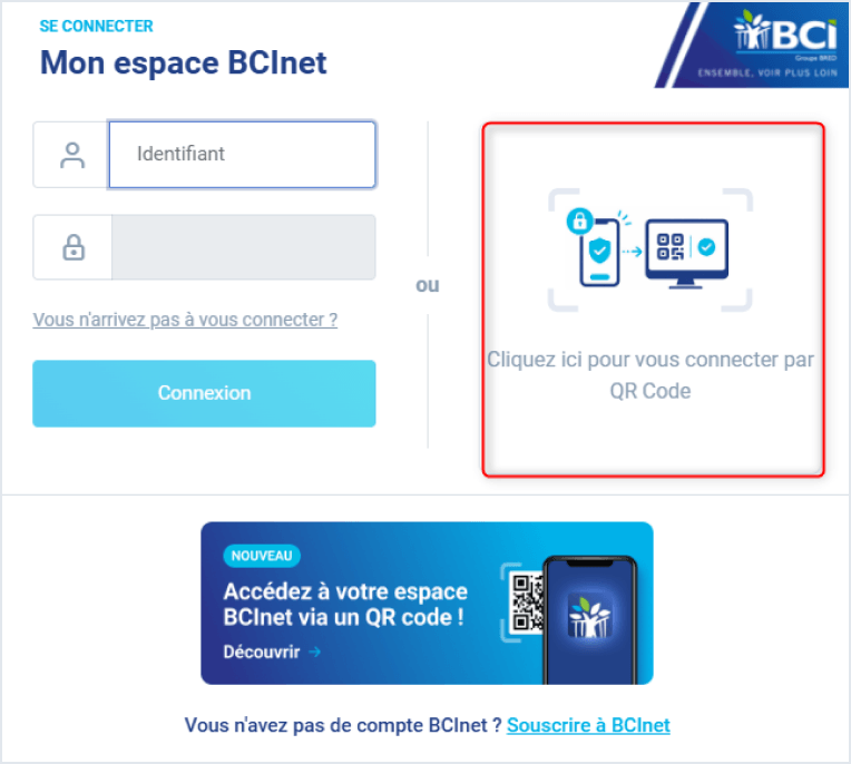 Écran de connexion BCInet avec l'option Se connecter avec un QR Code