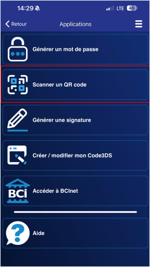 Menu Scanner un QR Code dans l'application BCIpass